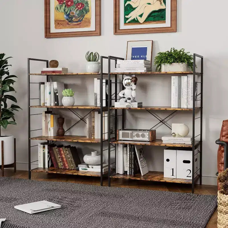 Acekool Scaffale Industriale a 4 Ripiani, Scaffale Contenitore Marrone con Telaio in Acciaio, Barre a X, per Soggiorno Camera da Letto Ufficio, 76 x 35,5 x 114 cm