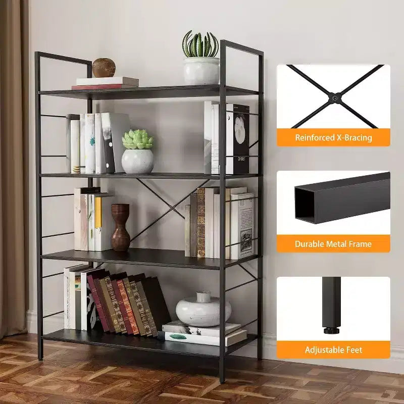 Acekool Scaffale Industriale a 4 Ripiani, Scaffale Contenitore Marrone con Telaio in Acciaio, Barre a X, per Soggiorno Camera da Letto Ufficio, 76 x 35,5 x 114 cm
