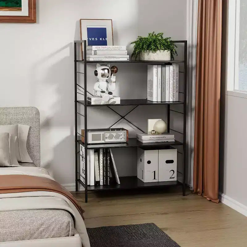 Acekool Scaffale Industriale a 4 Ripiani, Scaffale Contenitore Marrone con Telaio in Acciaio, Barre a X, per Soggiorno Camera da Letto Ufficio, 76 x 35,5 x 114 cm