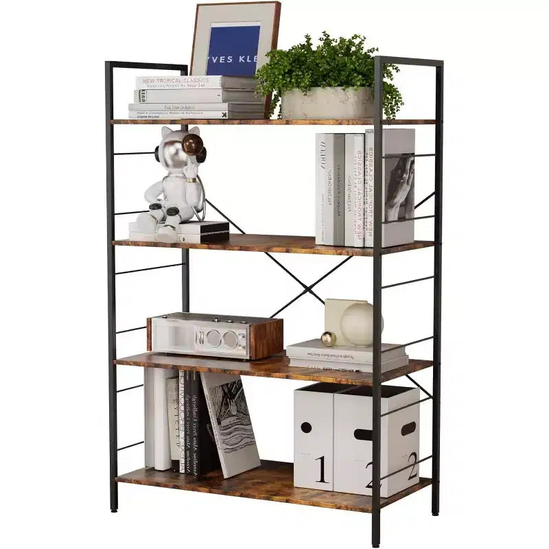 Acekool Scaffale Industriale a 4 Ripiani, Scaffale Contenitore Marrone con Telaio in Acciaio, Barre a X, per Soggiorno Camera da Letto Ufficio, 76 x 35,5 x 114 cm
