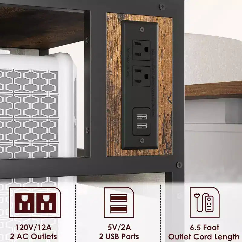 Acekool Supporto per Stampante Grande con Prese di Corrente e Porte USB, Carrello Regolabile a 3 Livelli con Ruote per Ufficio Domestico, Nero Rustico