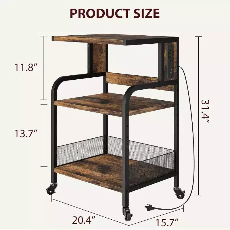 Acekool Supporto per Stampante Grande con Prese di Corrente e Porte USB, Carrello Regolabile a 3 Livelli con Ruote per Ufficio Domestico, Nero Rustico