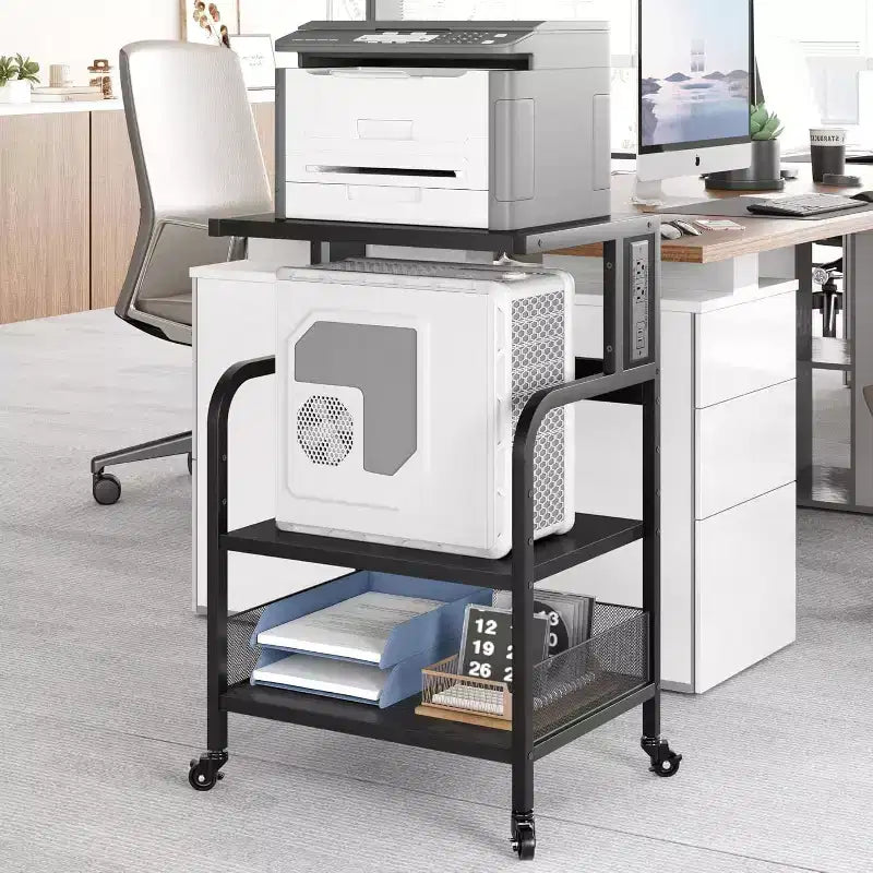 Acekool Supporto per Stampante Grande con Prese di Corrente e Porte USB, Carrello Regolabile a 3 Livelli con Ruote per Ufficio Domestico, Nero Rustico