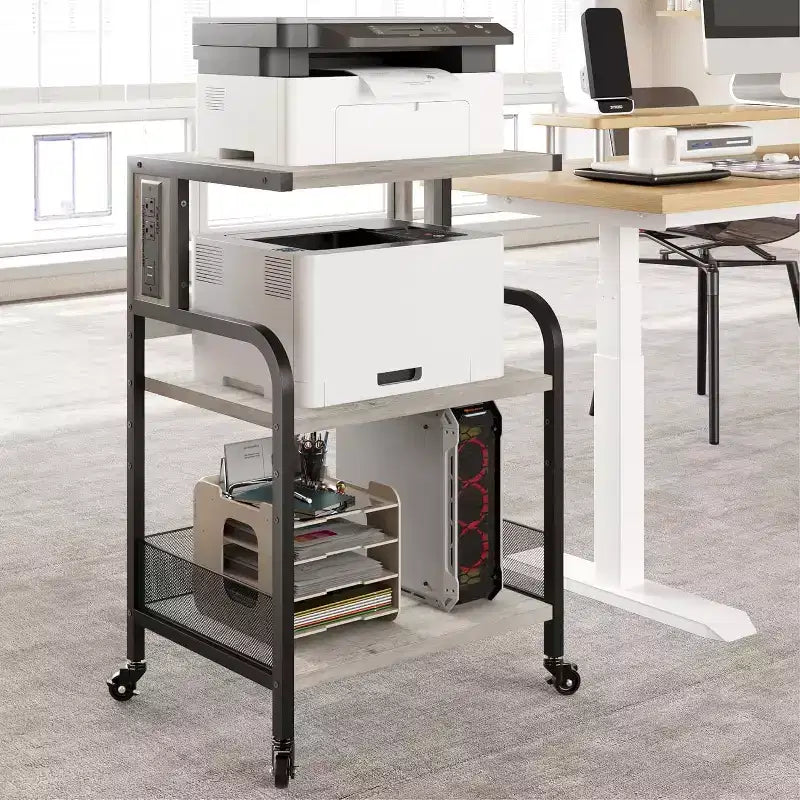 Acekool Supporto per Stampante Grande con Prese di Corrente e Porte USB, Carrello Regolabile a 3 Livelli con Ruote per Ufficio Domestico, Nero Rustico