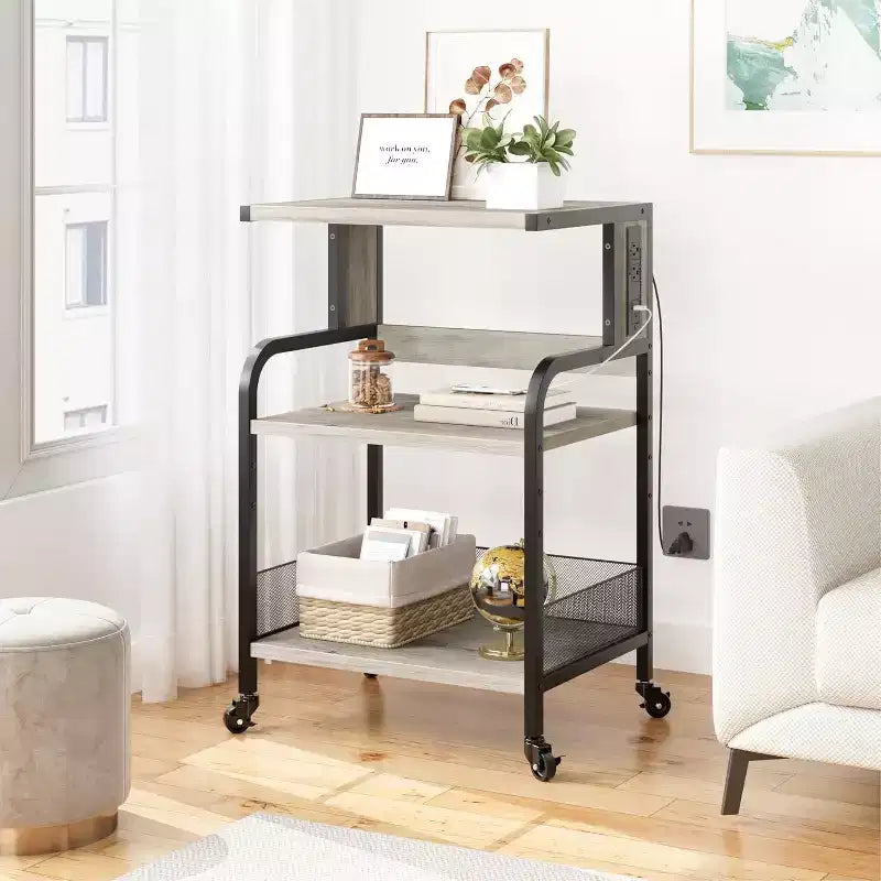 Acekool Supporto per Stampante Grande con Prese di Corrente e Porte USB, Carrello Regolabile a 3 Livelli con Ruote per Ufficio Domestico, Nero Rustico
