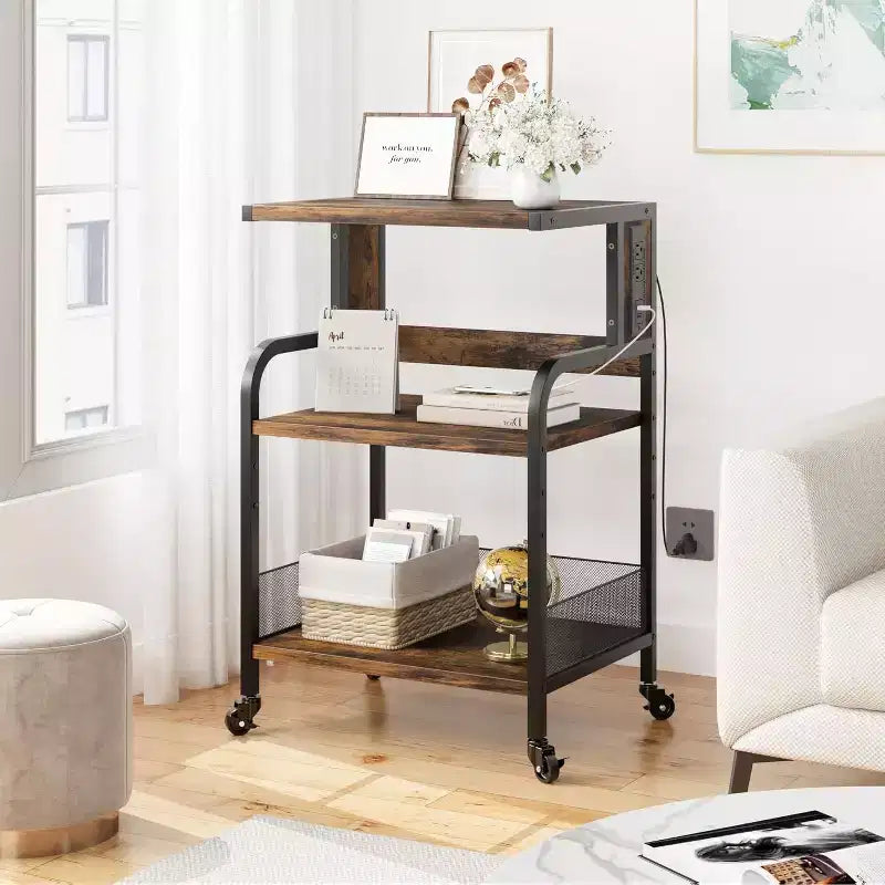Acekool Supporto per Stampante Grande con Prese di Corrente e Porte USB, Carrello Regolabile a 3 Livelli con Ruote per Ufficio Domestico, Nero Rustico