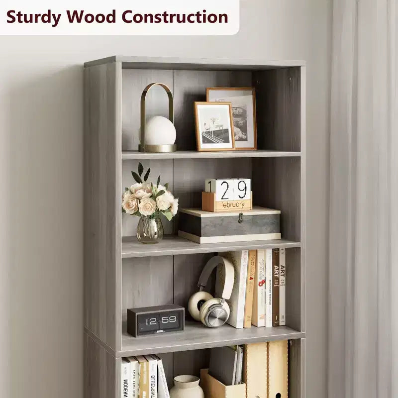 Libreria a colonna in stile rustico con ante, altezza 181 cm, profondità 30 cm, scaffale espositivo portaoggetti, libreria industriale in legno a 6 ripiani per soggiorno