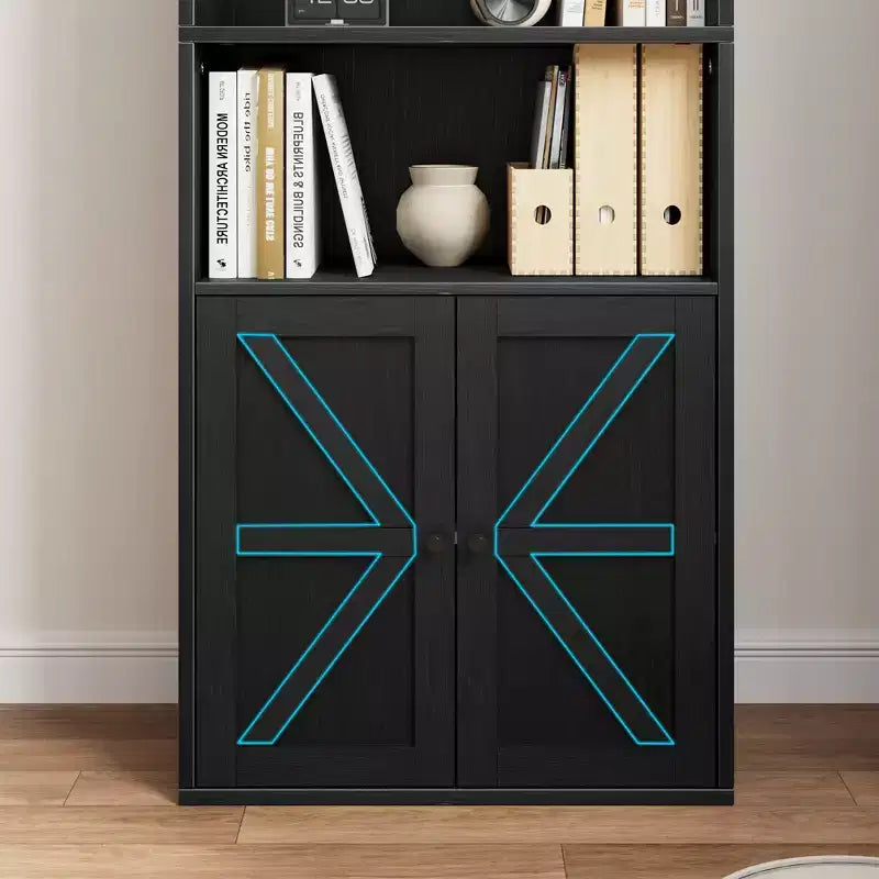 Libreria a colonna in stile rustico con ante, altezza 181 cm, profondità 30 cm, scaffale espositivo portaoggetti, libreria industriale in legno a 6 ripiani per soggiorno