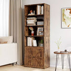 Libreria a colonna in stile rustico con ante, altezza 181 cm, profondità 30 cm, scaffale espositivo portaoggetti, libreria industriale in legno a 6 ripiani per soggiorno