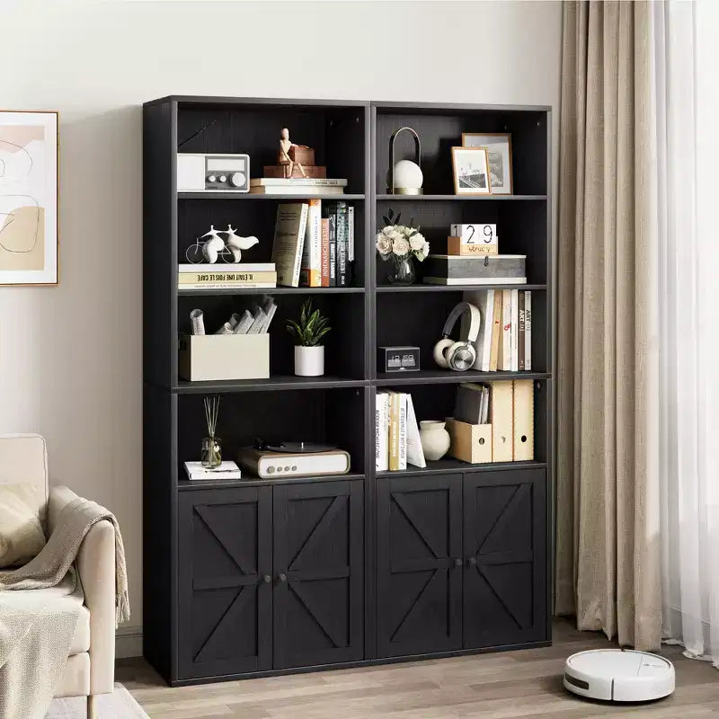 Libreria a colonna in stile rustico con ante, altezza 181 cm, profondità 30 cm, scaffale espositivo portaoggetti, libreria industriale in legno a 6 ripiani per soggiorno