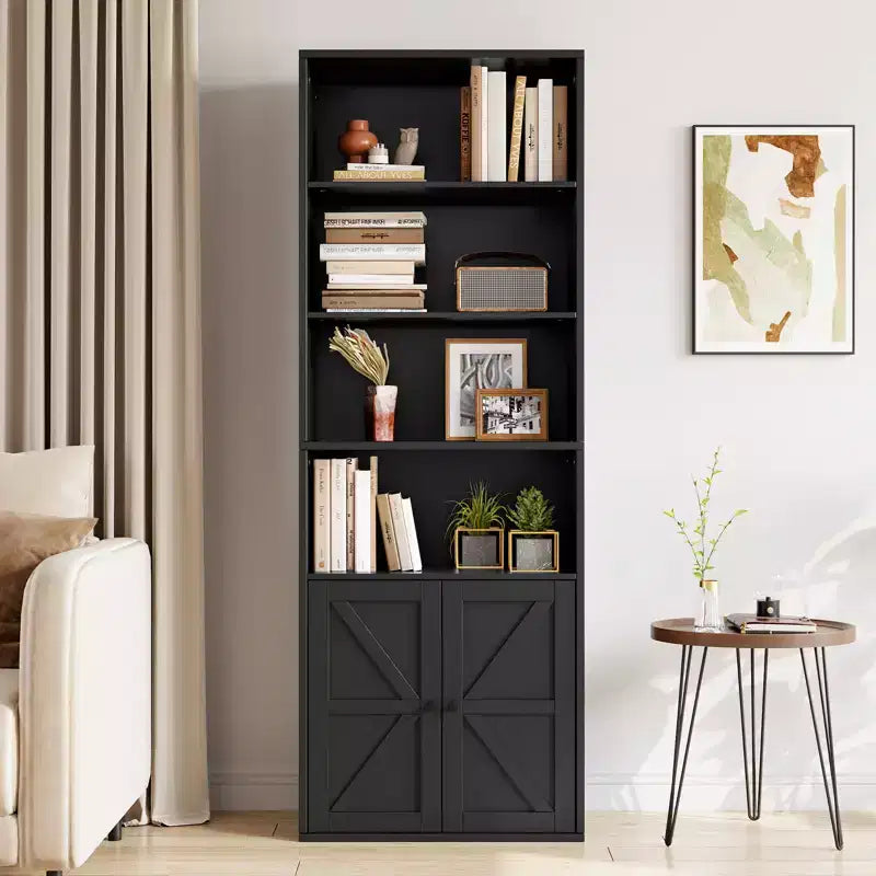 71.4in Tall Farmhouse Bookcase with Doors 11.8in Depth Display Storage Shelves Industrial Bookshelf Wooden 6 Shelf Bookshelves for Living Room