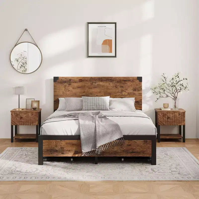 Struttura Letto Matrimoniale Queen Size con 4 Cassetti Contenitore e Struttura in Metallo Resistente per Carichi Pesanti, con Testiera in Legno, Nessuna Rete a Molle Necessaria, Facile da Montare