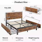 Struttura Letto Matrimoniale Queen Size con 4 Cassetti Contenitore e Struttura in Metallo Resistente per Carichi Pesanti, con Testiera in Legno, Nessuna Rete a Molle Necessaria, Facile da Montare