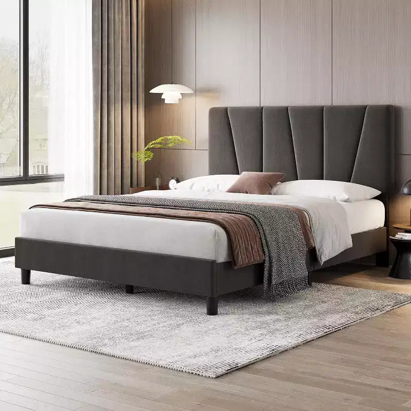 Struttura Letto con Testiera Regolabile, Struttura Letto Imbottita con Robuste Doghe in Legno, Nessuna Rete a Molle Necessaria, Facile da Montare