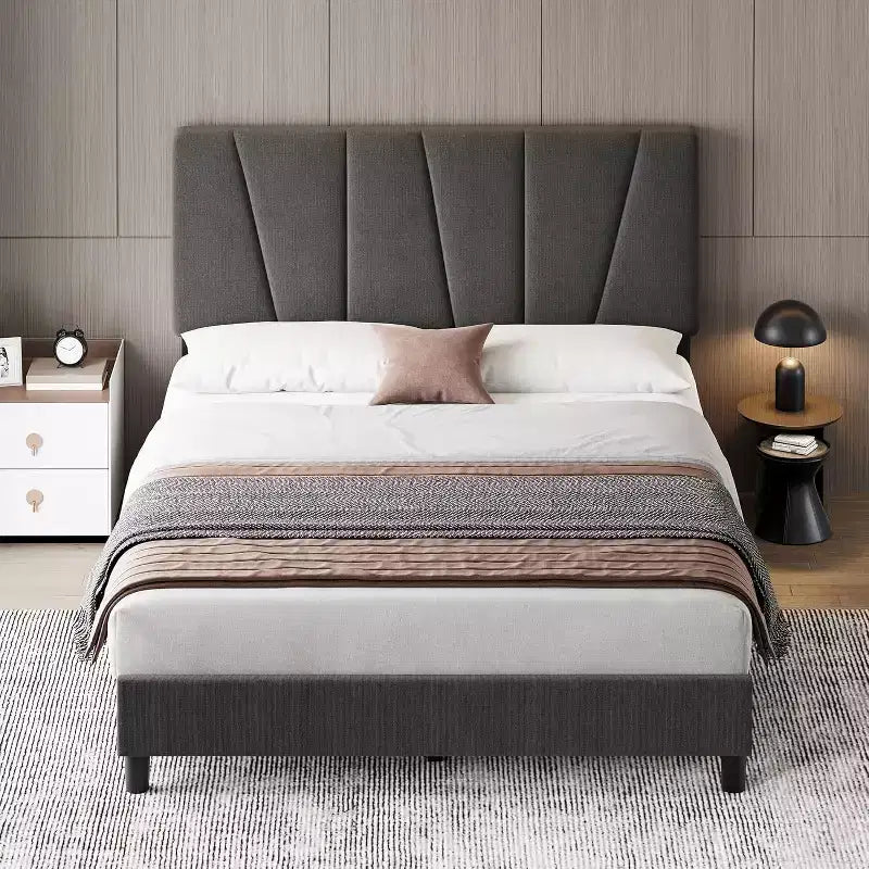 Struttura Letto con Testiera Regolabile, Struttura Letto Imbottita con Robuste Doghe in Legno, Nessuna Rete a Molle Necessaria, Facile da Montare