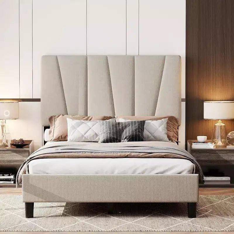Struttura Letto con Testiera Regolabile, Struttura Letto Imbottita con Robuste Doghe in Legno, Nessuna Rete a Molle Necessaria, Facile da Montare