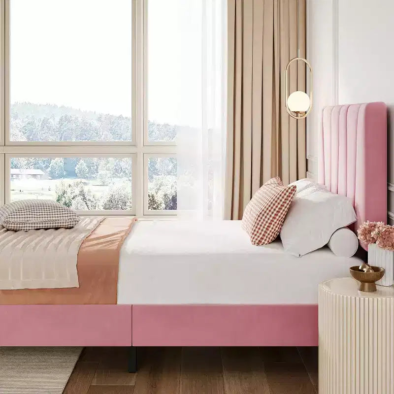 Struttura Letto con Testiera Regolabile, Struttura Letto Imbottita con Robuste Doghe in Legno, Nessuna Rete a Molle Necessaria, Facile da Montare
