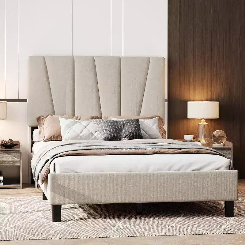 Struttura Letto con Testiera Regolabile, Struttura Letto Imbottita con Robuste Doghe in Legno, Nessuna Rete a Molle Necessaria, Facile da Montare