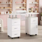 Tavolo da manicure Acekool, scrivania per unghie con aspiratore elettrico, 4 cassetti e mobiletto contenitore, ruote bloccabili, postazione unghie ergonomica bianca