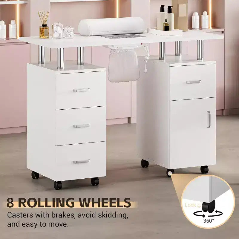Tavolo da manicure Acekool, scrivania per unghie con aspiratore elettrico, 4 cassetti e mobiletto contenitore, ruote bloccabili, postazione unghie ergonomica bianca