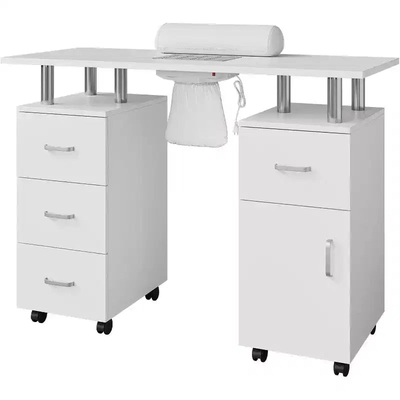 Tavolo da manicure Acekool, scrivania per unghie con aspiratore elettrico, 4 cassetti e mobiletto contenitore, ruote bloccabili, postazione unghie ergonomica bianca