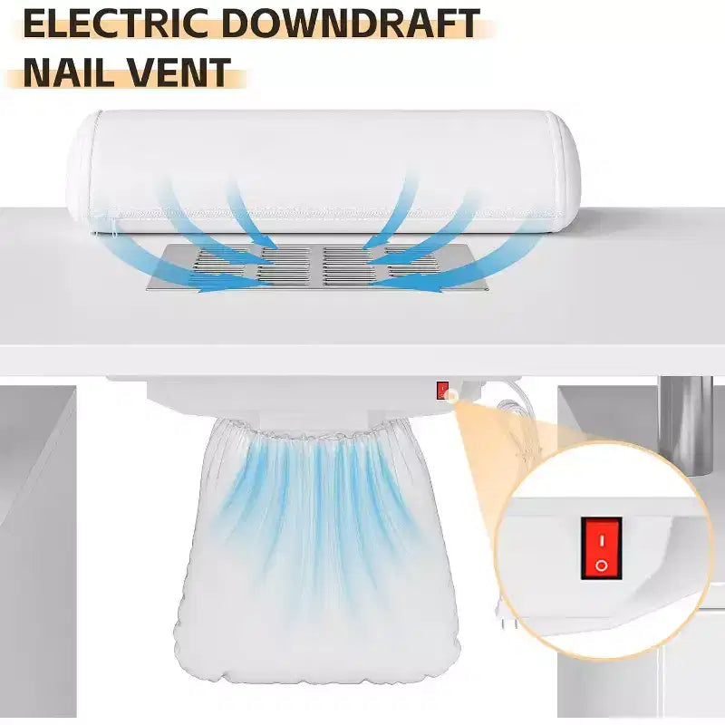 Tavolo da manicure Acekool, scrivania per unghie con aspiratore elettrico, 4 cassetti e mobiletto contenitore, ruote bloccabili, postazione unghie ergonomica bianca