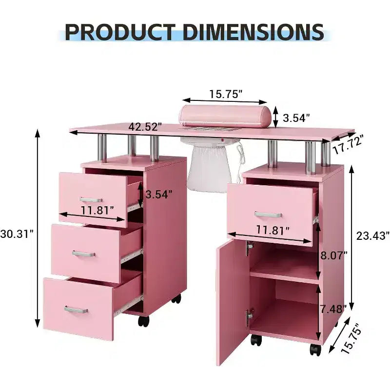Tavolo da manicure Acekool, scrivania per unghie con aspiratore elettrico, 4 cassetti e mobiletto contenitore, ruote bloccabili, postazione unghie ergonomica bianca