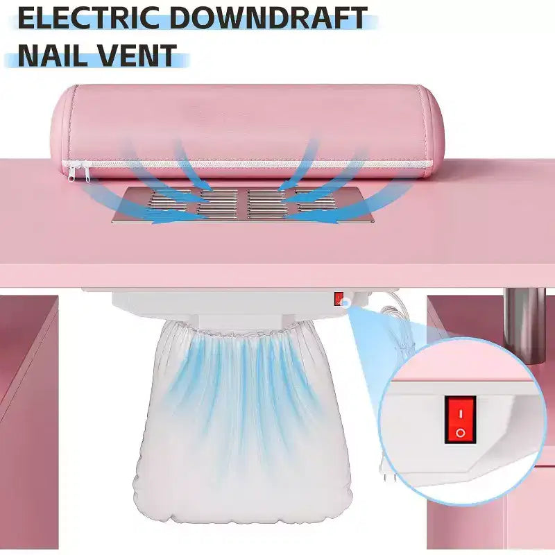 Tavolo da manicure Acekool, scrivania per unghie con aspiratore elettrico, 4 cassetti e mobiletto contenitore, ruote bloccabili, postazione unghie ergonomica bianca