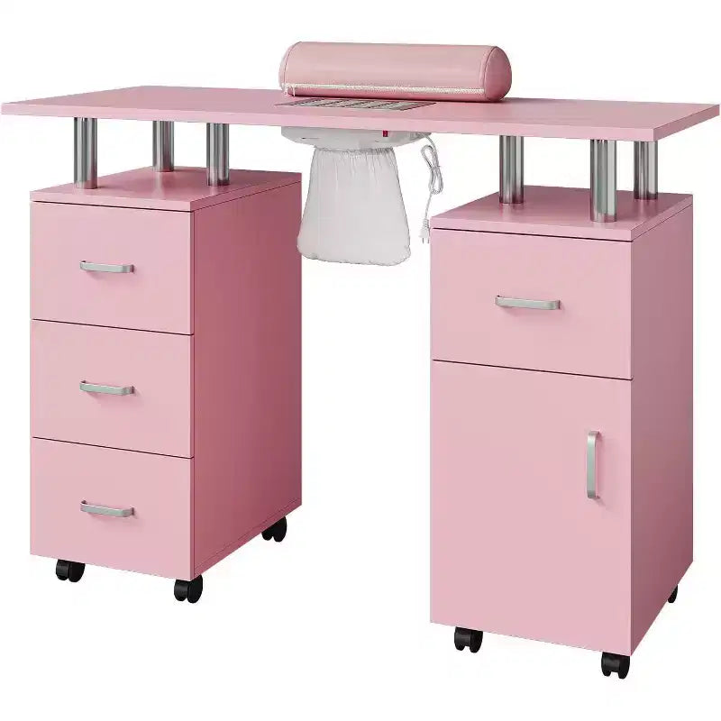 Tavolo da manicure Acekool, scrivania per unghie con aspiratore elettrico, 4 cassetti e mobiletto contenitore, ruote bloccabili, postazione unghie ergonomica bianca