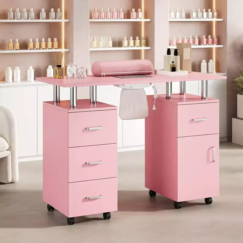 Acekool Manicure Table Nail Desk with Electric Dust Collector, 4 Drawers & Cabinet Storage, Lockable Wheels, Ergonomic White Nail Station