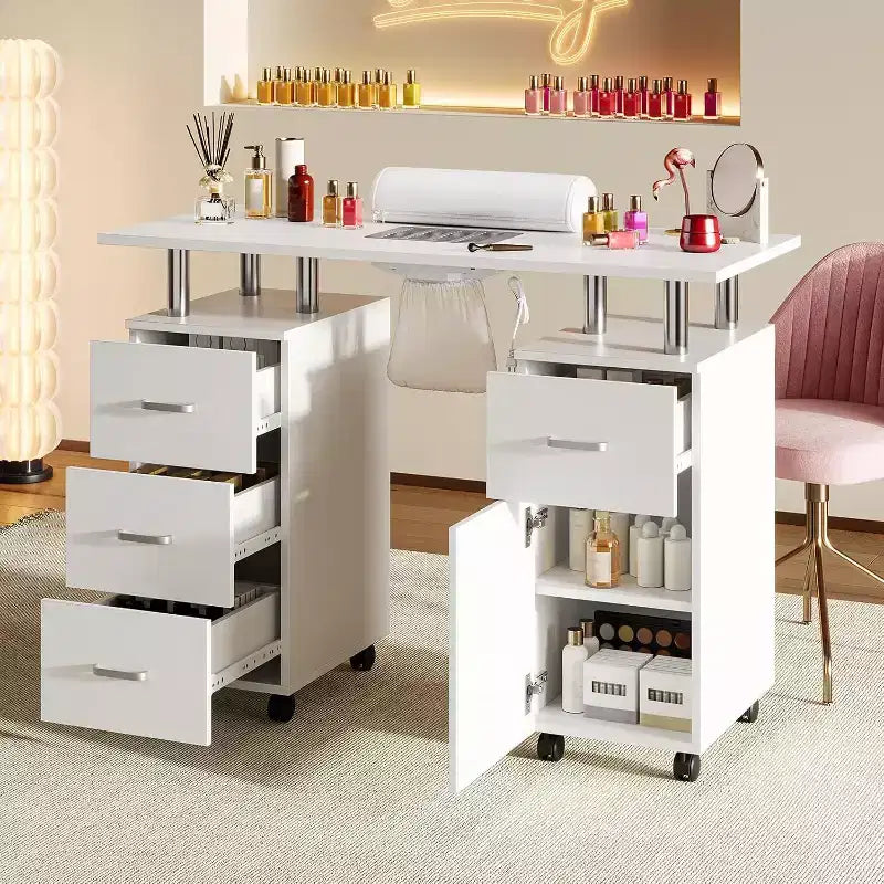 Tavolo da manicure Acekool, scrivania per unghie con aspiratore elettrico, 4 cassetti e mobiletto contenitore, ruote bloccabili, postazione unghie ergonomica bianca
