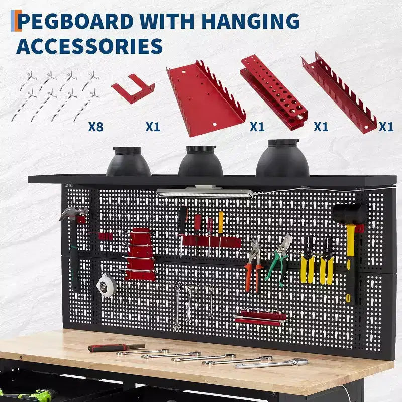 Acekool 48 Banco da Lavoro da Garage con Pannello Forato, Presa di Corrente e Cassetti - Tavolo da Lavoro in Legno Resistente per Officina o Garage