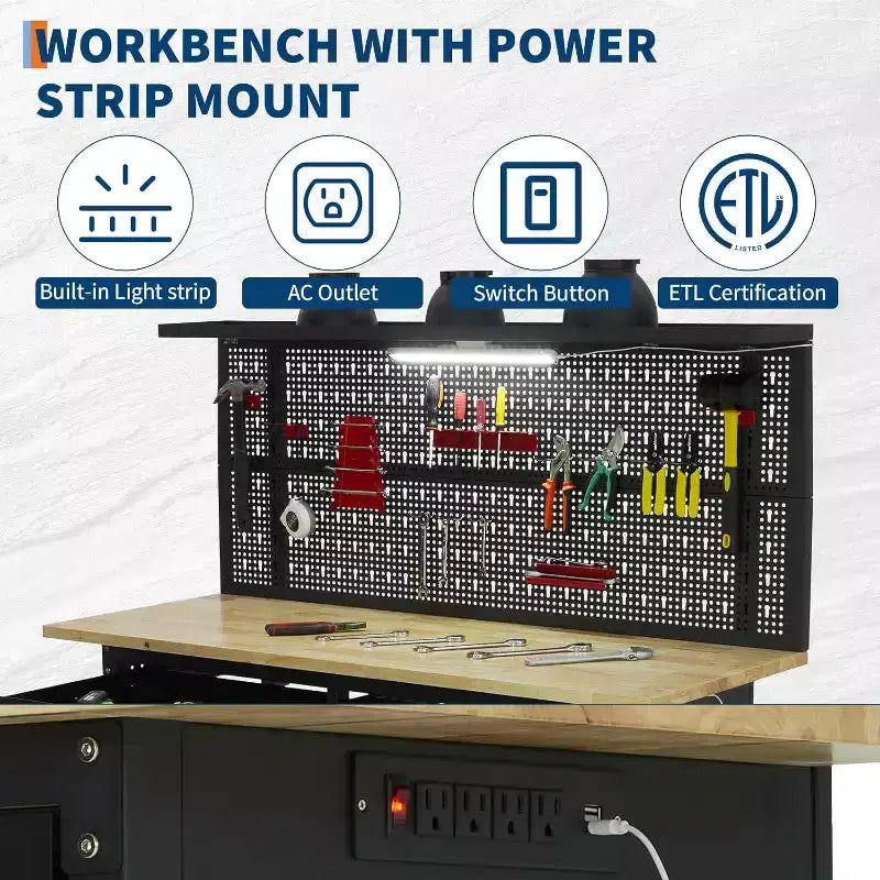 Acekool 48 Banco da Lavoro da Garage con Pannello Forato, Presa di Corrente e Cassetti - Tavolo da Lavoro in Legno Resistente per Officina o Garage