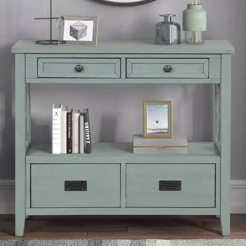 Console da tavolo in stile rustico da 91 cm con 4 cassetti, credenza verde con ripiano portaoggetti, tavolino da divano per ingresso, corridoio, design rustico