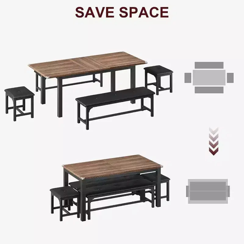 Set da 5 Pezzi Tavolo da Pranzo per 4-6 Persone, Set Tavolo da Pranzo Estensibile per 4, Tavolo da Cucina con Panche e Sgabelli, Set Tavolo da Cena per la Casa