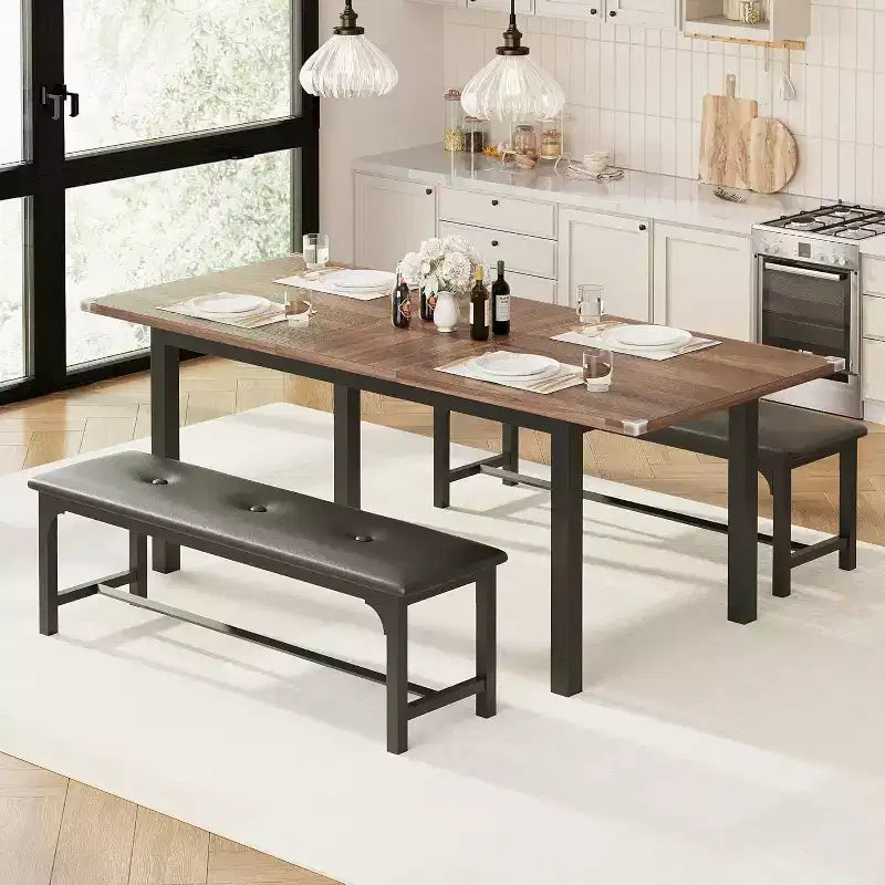 Set da 5 Pezzi Tavolo da Pranzo per 4-6 Persone, Set Tavolo da Pranzo Estensibile per 4, Tavolo da Cucina con Panche e Sgabelli, Set Tavolo da Cena per la Casa