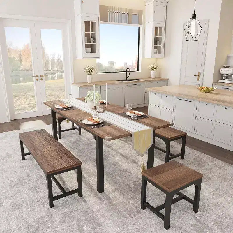 Set da 5 Pezzi Tavolo da Pranzo per 4-6 Persone, Set Tavolo da Pranzo Estensibile per 4, Tavolo da Cucina con Panche e Sgabelli, Set Tavolo da Cena per la Casa