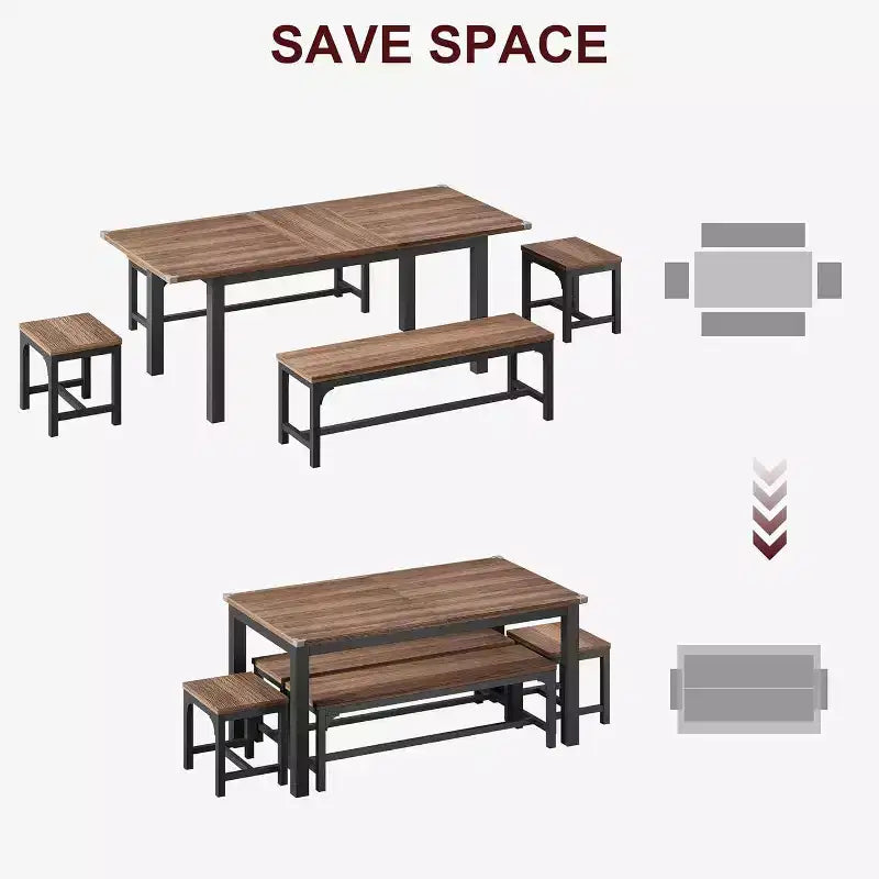 Set da 5 Pezzi Tavolo da Pranzo per 4-6 Persone, Set Tavolo da Pranzo Estensibile per 4, Tavolo da Cucina con Panche e Sgabelli, Set Tavolo da Cena per la Casa