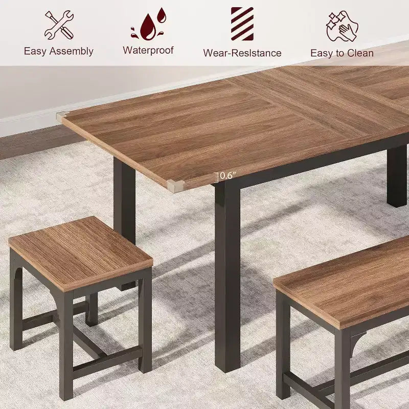 Set da 5 Pezzi Tavolo da Pranzo per 4-6 Persone, Set Tavolo da Pranzo Estensibile per 4, Tavolo da Cucina con Panche e Sgabelli, Set Tavolo da Cena per la Casa