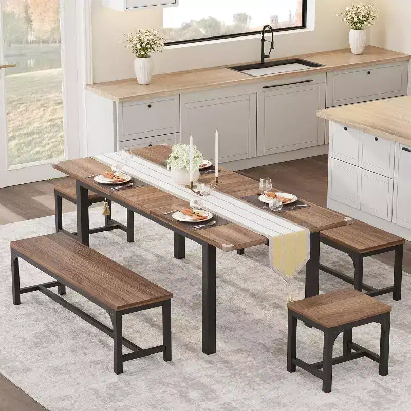 Set da 5 Pezzi Tavolo da Pranzo per 4-6 Persone, Set Tavolo da Pranzo Estensibile per 4, Tavolo da Cucina con Panche e Sgabelli, Set Tavolo da Cena per la Casa