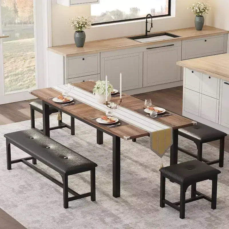 Set da 5 Pezzi Tavolo da Pranzo per 4-6 Persone, Set Tavolo da Pranzo Estensibile per 4, Tavolo da Cucina con Panche e Sgabelli, Set Tavolo da Cena per la Casa