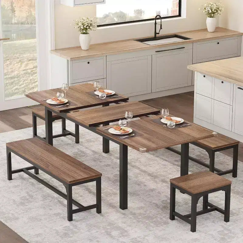 Set da 5 Pezzi Tavolo da Pranzo per 4-6 Persone, Set Tavolo da Pranzo Estensibile per 4, Tavolo da Cucina con Panche e Sgabelli, Set Tavolo da Cena per la Casa