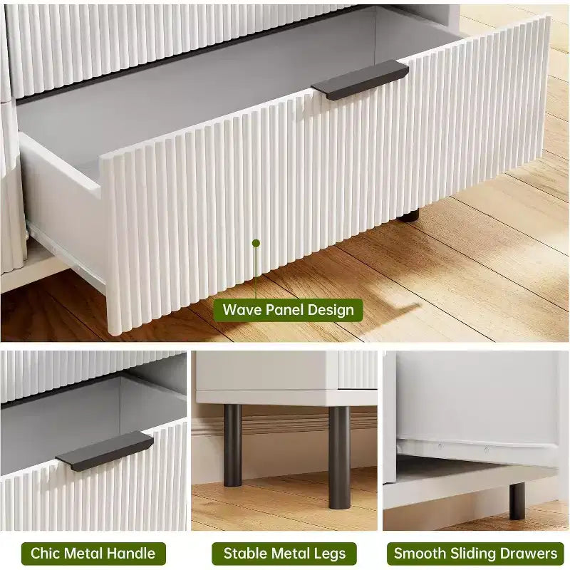 Comò moderno a 6 cassetti scanalati per camera da letto, cassettiera ampia con maniglie e gambe in metallo, mobile contenitore per vestiti per soggiorno