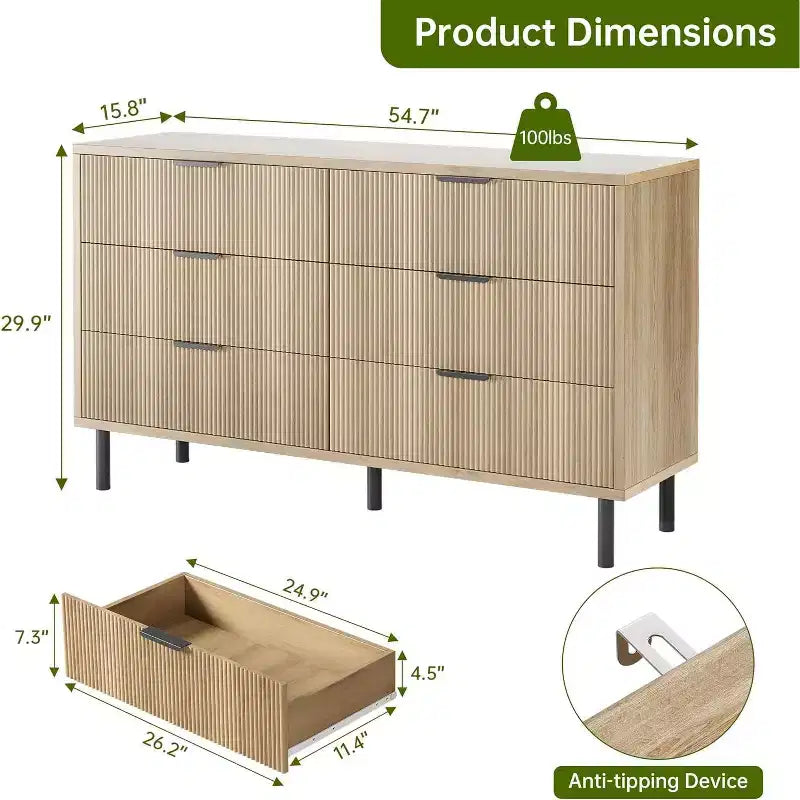 Comò moderno a 6 cassetti scanalati per camera da letto, cassettiera ampia con maniglie e gambe in metallo, mobile contenitore per vestiti per soggiorno