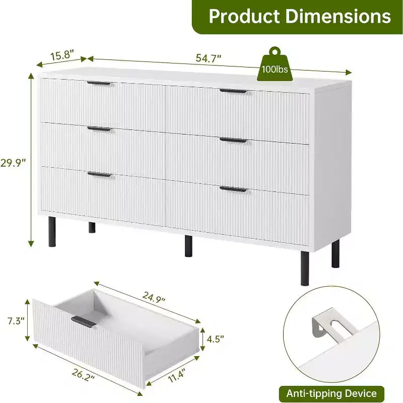 Comò moderno a 6 cassetti scanalati per camera da letto, cassettiera ampia con maniglie e gambe in metallo, mobile contenitore per vestiti per soggiorno