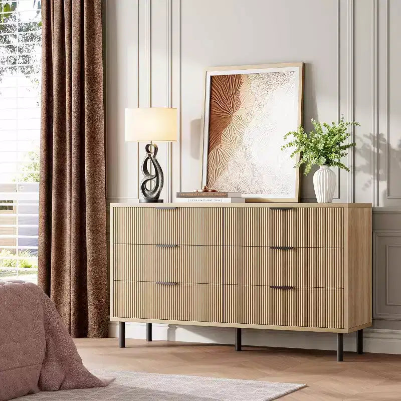 Modern Fluted 6 Drawer Dresser for Bedroom, Wide Chest of Drawers with Metal Handles Legs, Clothes Storage Cabinet Organizer for Living Room