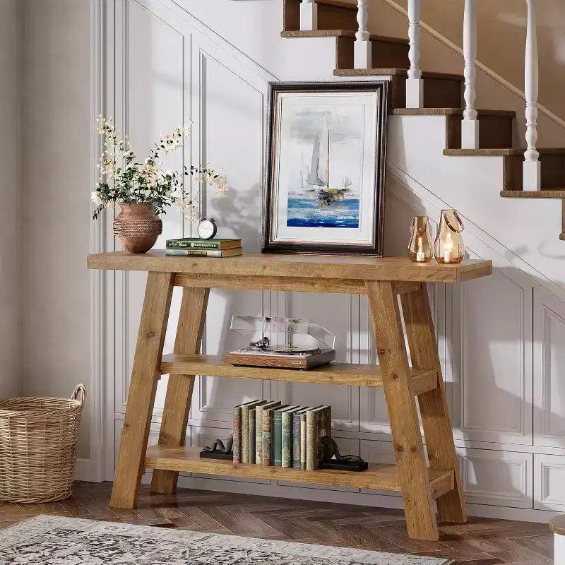 Tavolo Consolle in Legno Massello Lantine da 120 cm, Tavolo da Ingresso Rustico a 3 Ripiani con Scaffali, Tavolo d'Appoggio Stretto per Soggiorno, Corridoio