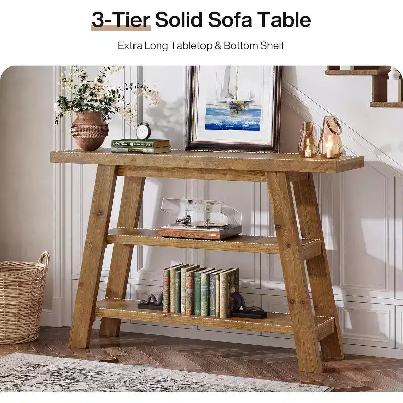 Tavolo Consolle in Legno Massello Lantine da 120 cm, Tavolo da Ingresso Rustico a 3 Ripiani con Scaffali, Tavolo d'Appoggio Stretto per Soggiorno, Corridoio