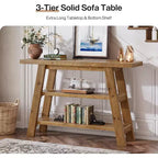 Tavolo Consolle in Legno Massello Lantine da 120 cm, Tavolo da Ingresso Rustico a 3 Ripiani con Scaffali, Tavolo d'Appoggio Stretto per Soggiorno, Corridoio
