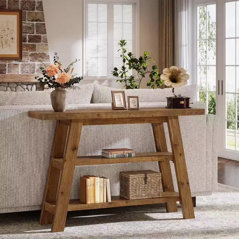 Tavolo Consolle in Legno Massello Lantine da 120 cm, Tavolo da Ingresso Rustico a 3 Ripiani con Scaffali, Tavolo d'Appoggio Stretto per Soggiorno, Corridoio